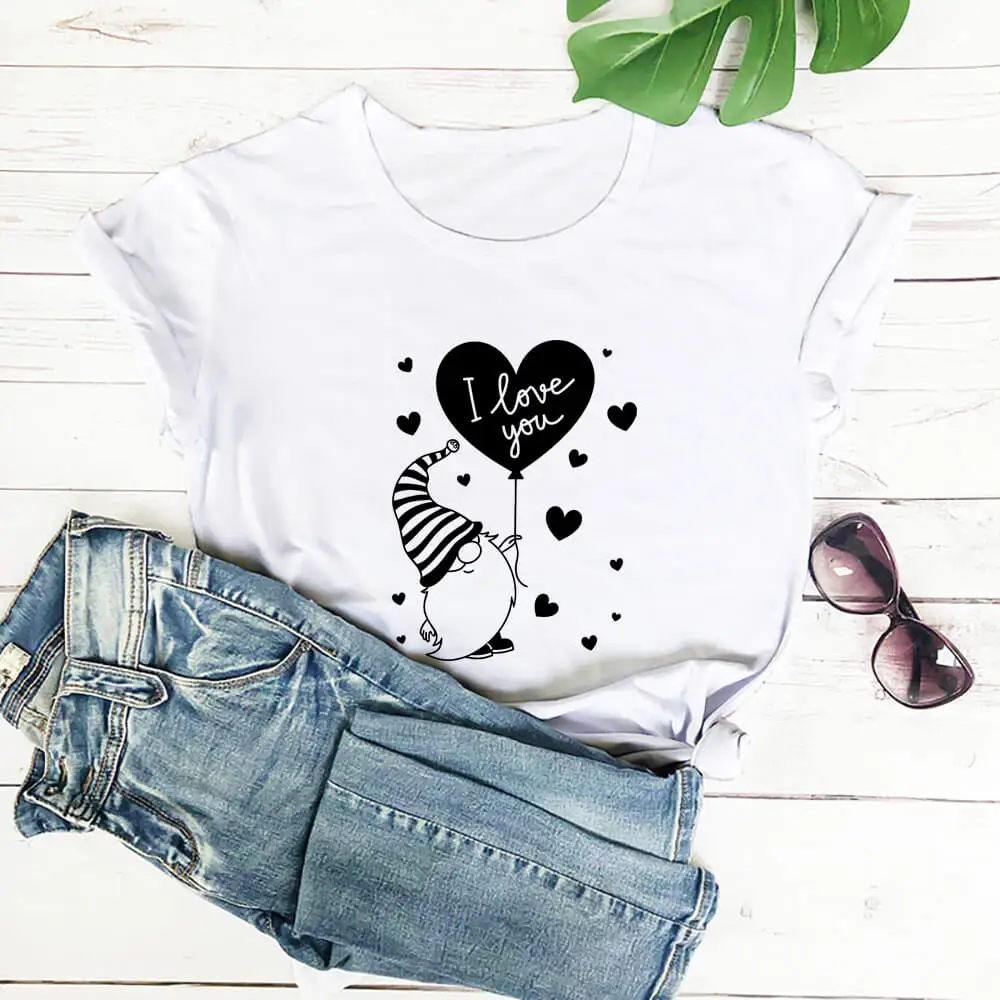 

Gnomes Hearts Tshirts Women I Love You Letter Print Tee Women Casual Women Short Sleeve Hipster Graphic Tee O-neck T Shirt Women