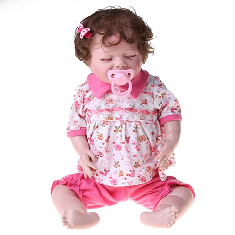 

22inch Silicone Real Baby Girl Lifelike Educational Interactive Doll Body Silicone Vinyl Doll Soft Body Pink Suit Doll