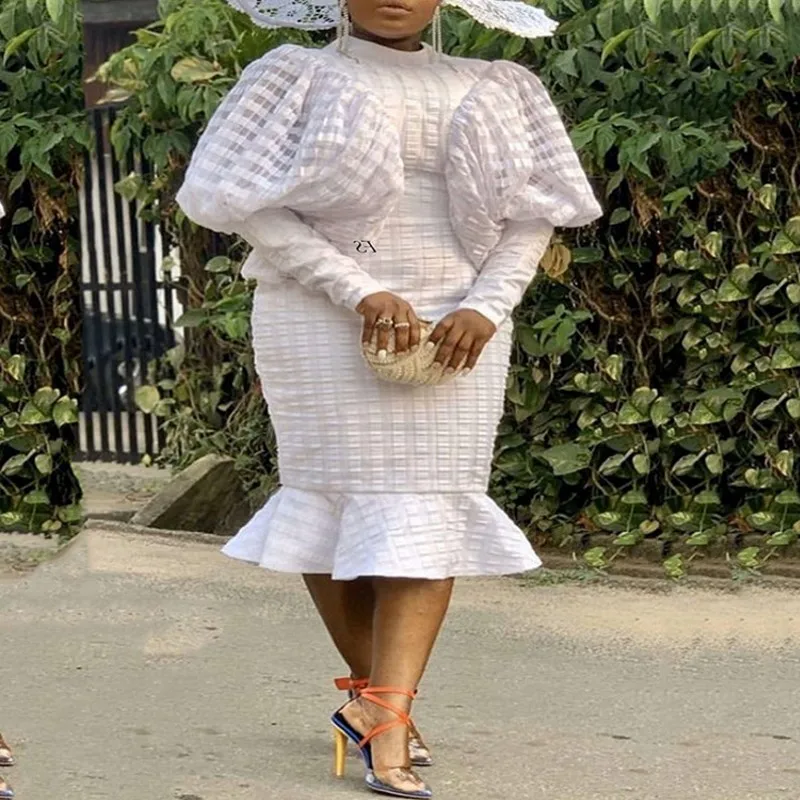 

African Dresses For Women White Fashion Ladies Africa Clothes Dashiki Midi Dress Long Sleeve Robe Africaine Vetement Femme