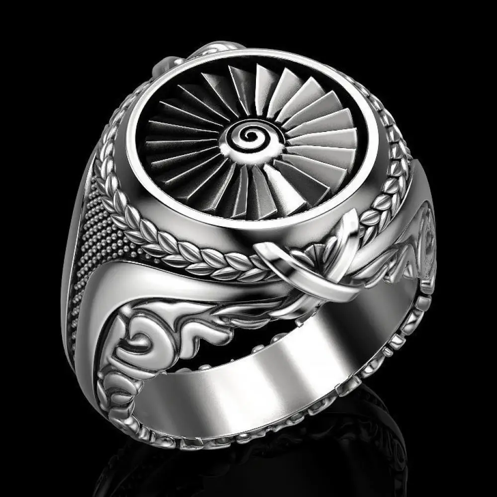 

New Creative Punk Swirl Turbine Ring Fashion Men's Casual Leaf Pattern Decoration Locomotive Party Geometric Ring Jewelry