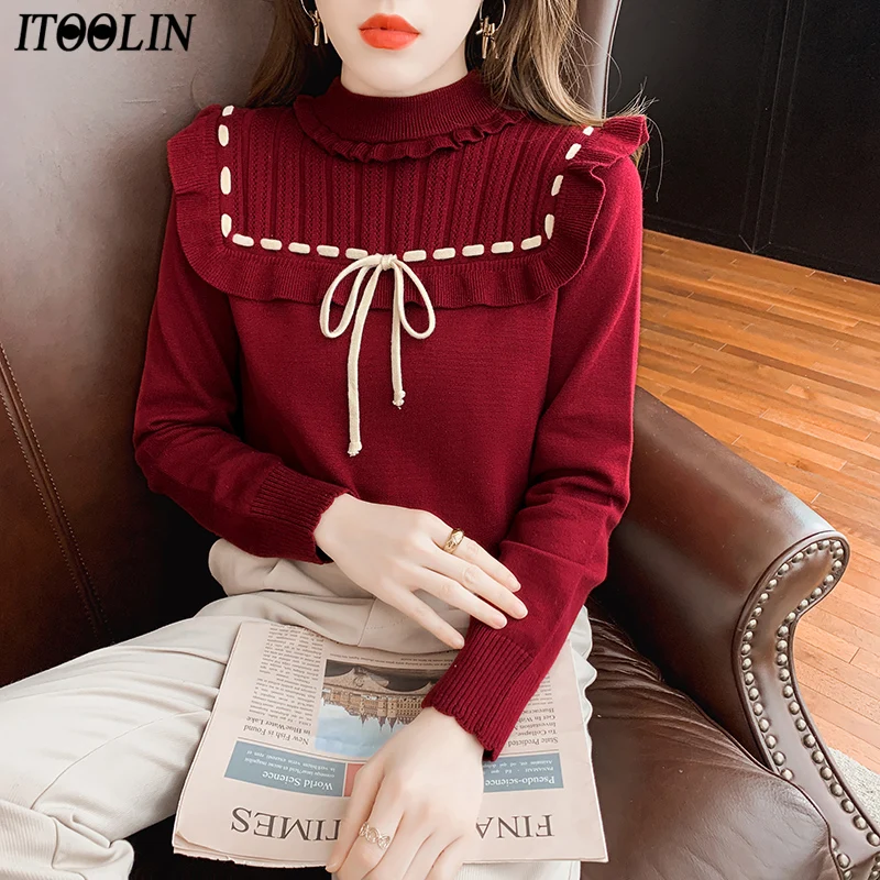 

ITOOLIN Chic Новый дизайн вязаный с бантом свитер Топы модный тонкий 2022 оборки пуловер Топы с длинным рукавом белый вязаный свитер японский