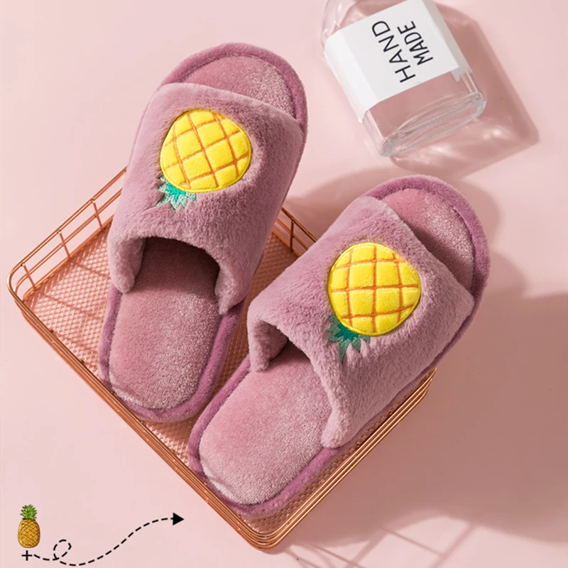 Cute Cartoon Fruit Pattern Home Women Fur Slippers Winter Plush Ladies Flats Shoes Strawberry Pineapple Furry Female | Обувь