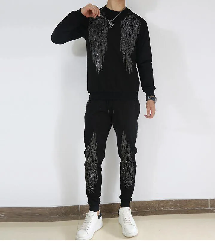 2021 winter designer  hot drill tracksuit young man 2 pcs set black color suits for holiday