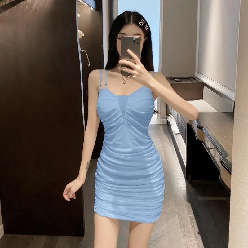 

Real Shot 2020 New Fashion Women's Hollow Mesh Pleated Slim Bag Hip Sling Short Mini Dress