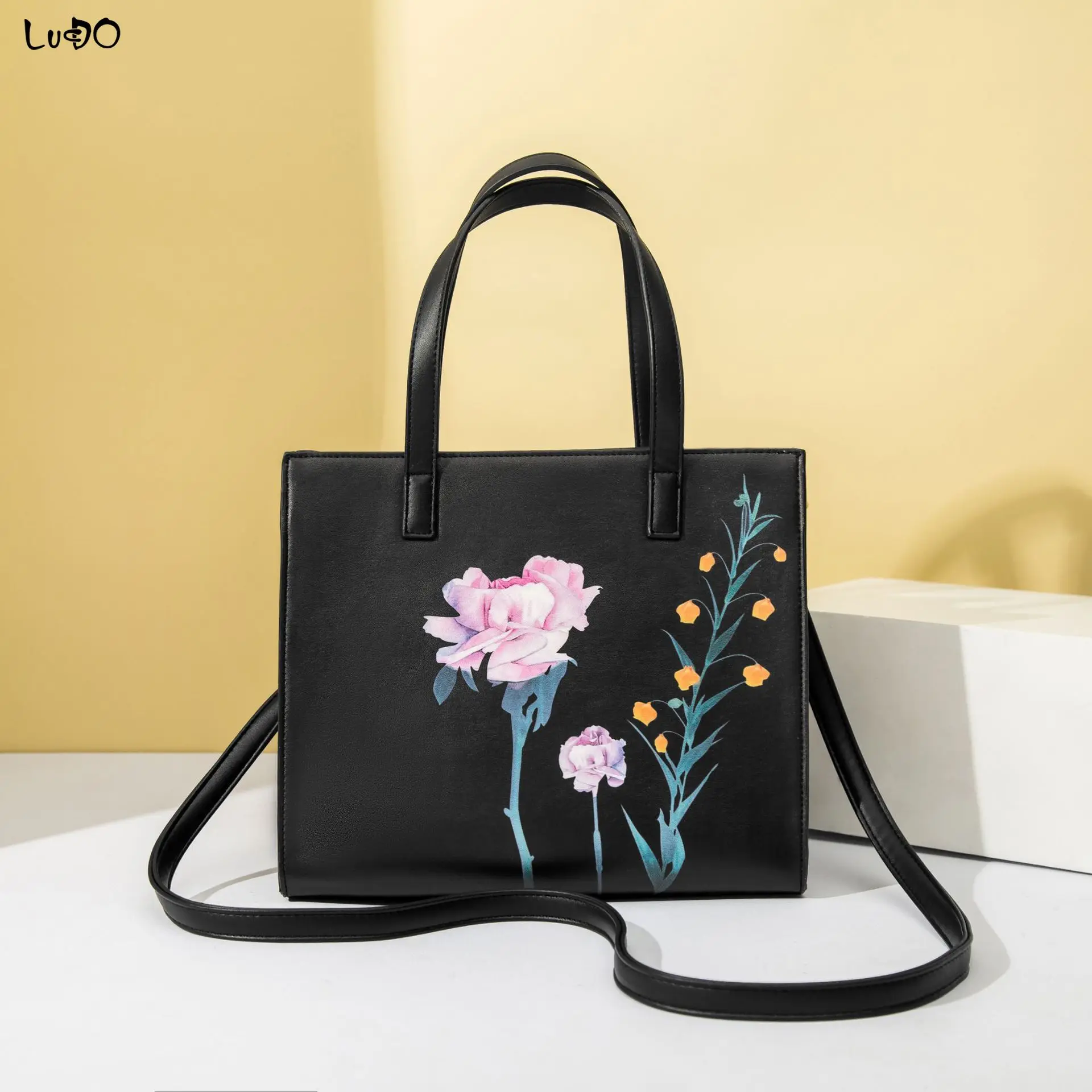 

LUCDO 2020 Women's Floral Handbags Fashion High Quality PU Leather Solid Color Zipper Crossbody Bags Vintage Printed Tote Bag