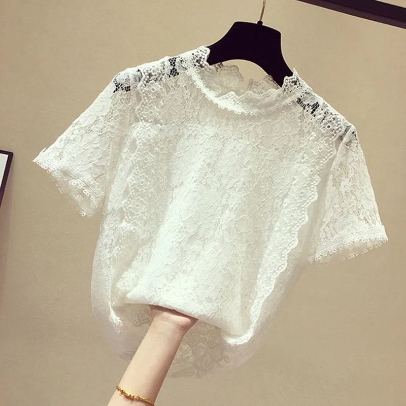 Drop Shipping Fashion New Lace Shirt O-neck Short Sleeve Jacquard Hollow T-Shirt Style Pure Color Top For Women | Женская одежда