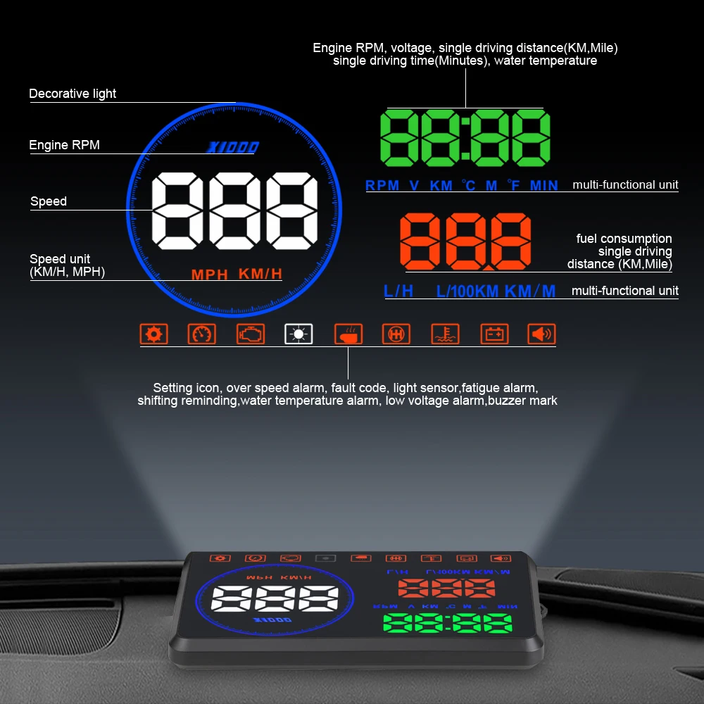 

WiiYii M9 HUD head-up display car OBD2 Digital Speedometer Error Code Clearing Speed MPH KM/H Fuel Consumption Display For Car