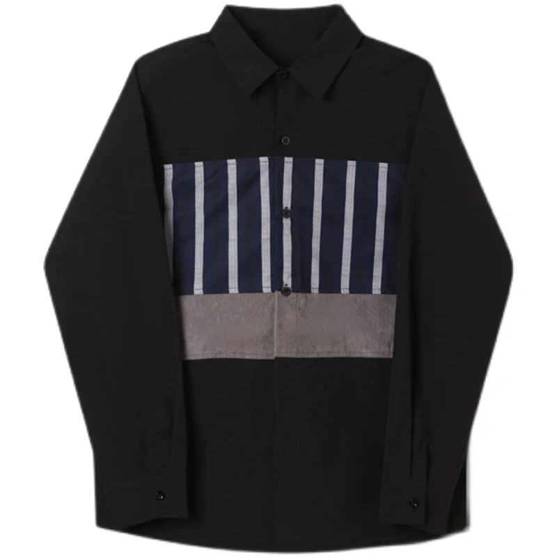 

New Male Japan Korea Streetwear Vintage Fashion Shirt Men Stripe Splice Corduroy Long Sleeve Loose Casual Shirt