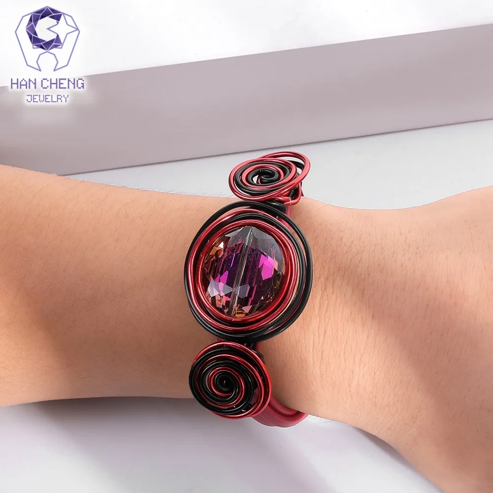 Женский кожаный браслет ручной работы HanCheng с подвесками из хрустальных бусин