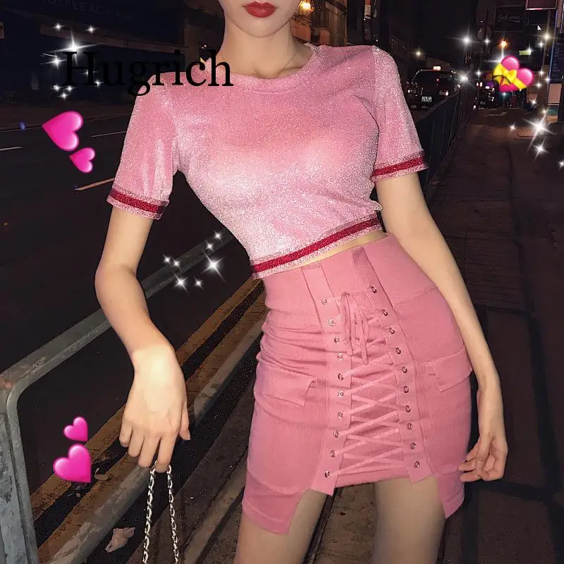 

Женский комплект из 2 предметов, однотонная блестящая короткая футболка и мини-юбка, привлекательный корейский Костюм, Модный облегающий ко...