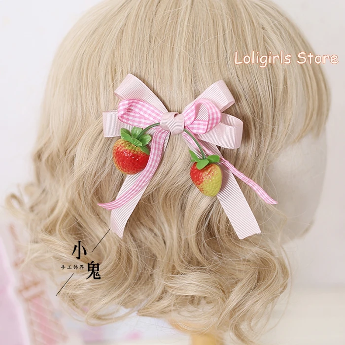 

Japanese Sweet Strawberry Hairpin Lolita Cute plaid Bowknot Side Clip Ins Girls Sweet Kawaii Bangs clip Hair Ornaments Cosplay