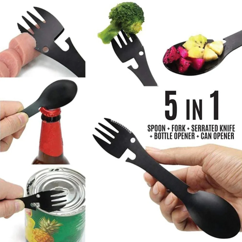 

2pcs Portable Stainless Steel Utensils Spoon Fork Bottle Openers for Outdoor Use