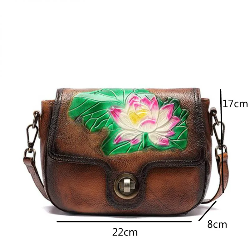 

YourSeason Vintage Ladies 2021 Embossed Hand Painted Messenger Bag Genuine Leather Female Lotus Casual Shoulder Crossbody Bags