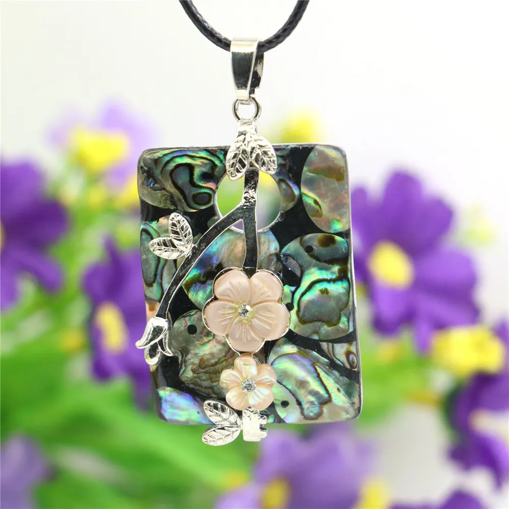 

30X40mm Square Flower Leaf Mirage Natural Abalone Sea Pearl Shells Pendants Necklace Alloy Black Rope Chain Women Girls Jewelry