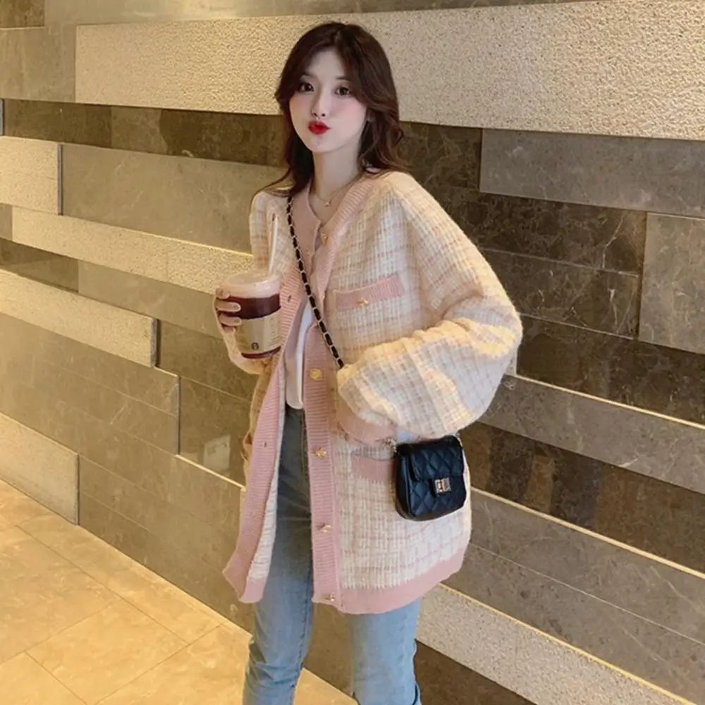 2019 женская верхняя одежда Модный женский свитер с вязаными карманами в клетку Kiwi