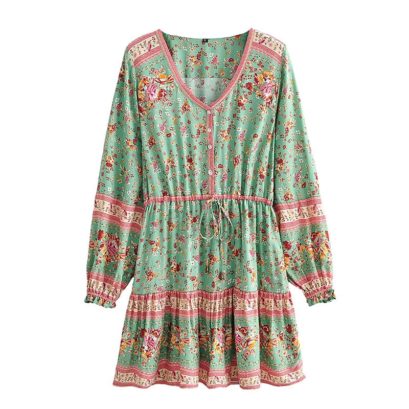 

VCollar Positioning Printed Flare Sleeve Tie-Neck Waist Dress