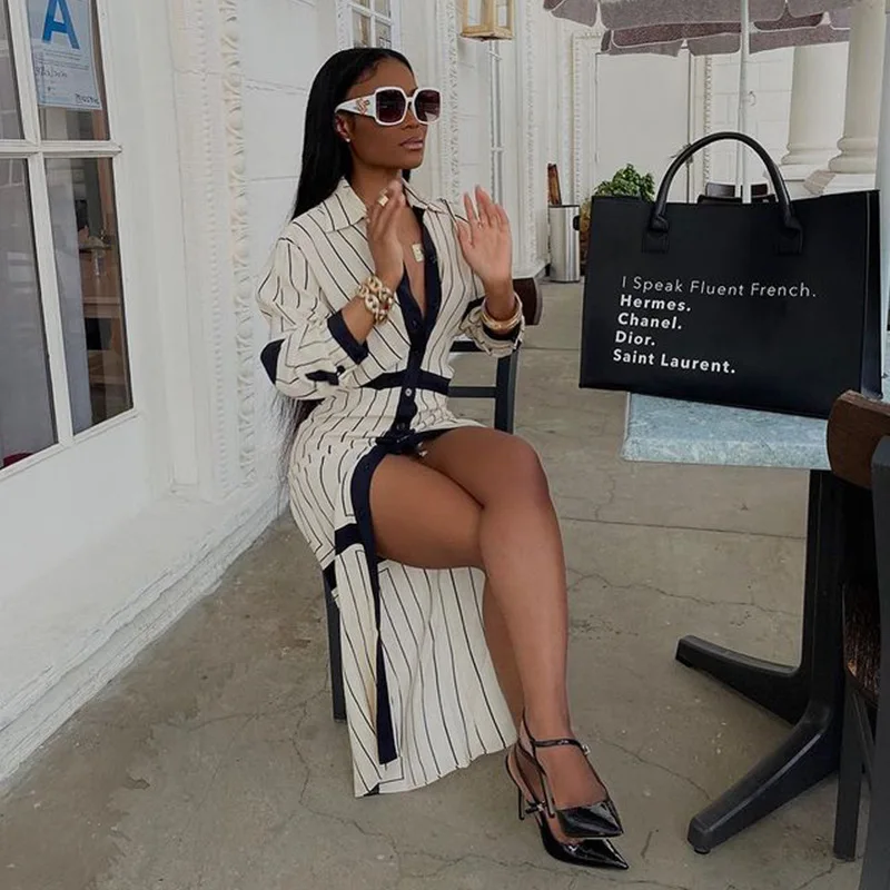 

Turn Down Collar Long Sleeve Shirt Dress Button Split Long Dresses Women Autumn Elegant Robe Striped Vintage Vestidos