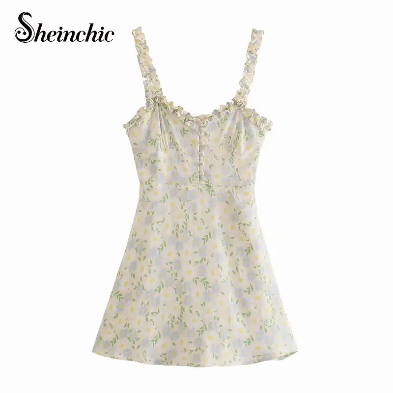 

Summer Elegant Ruffles Floral Printed Woman Dress 2021 Runway Designers Sexy Spaghetti Strap Mini Dress Female