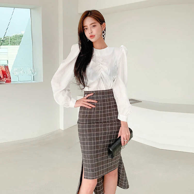 

new arrival fashion set women spring OL casual perspective puff sleeve white shirt and plaid mermaid skirt two piece set