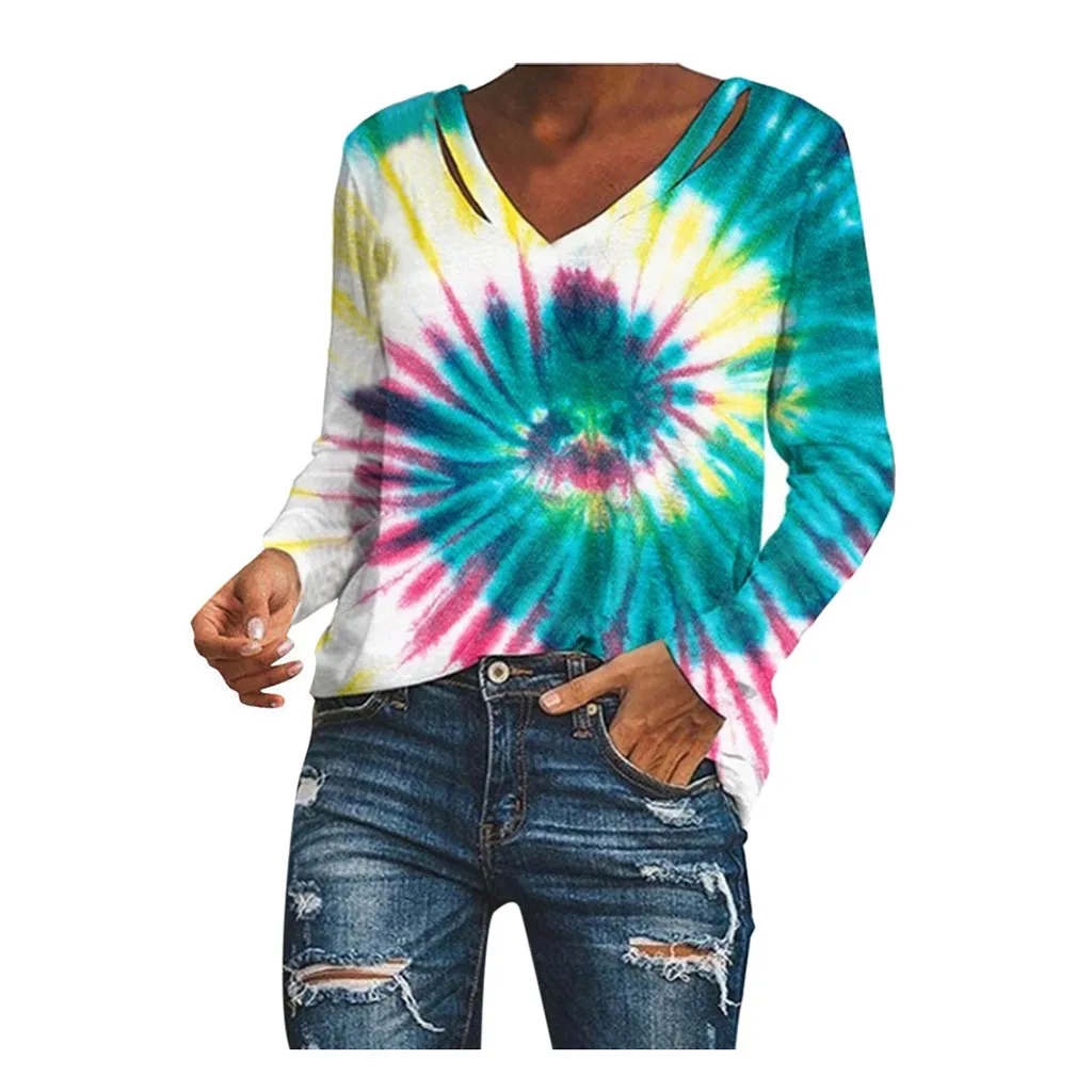 Women Tie-dye V-neck Gradient Contrast Color Long Sleeve Top Pullover Sweatshirt Las Mujeres Sweetshirts Спортивный Костюм Женск