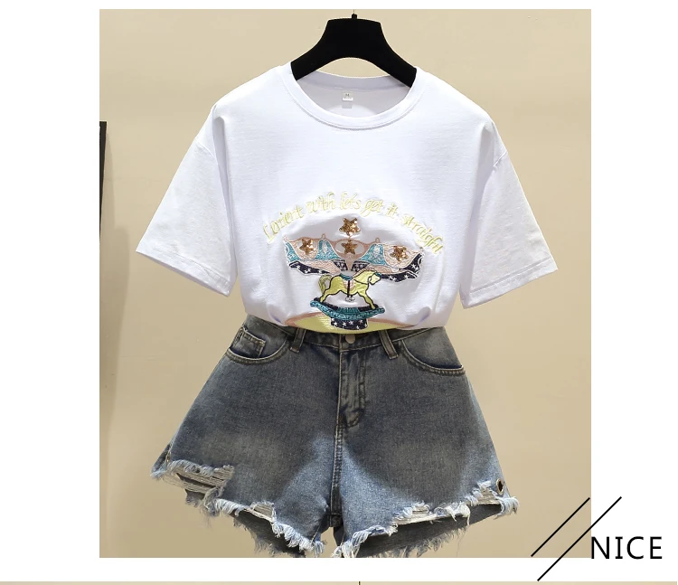

Houthion Embroidery Women's T-shirt New Loose Tshirt Fashion Casual Short Sleeve Top Korean Solid T Shirt O-Neck Summer
