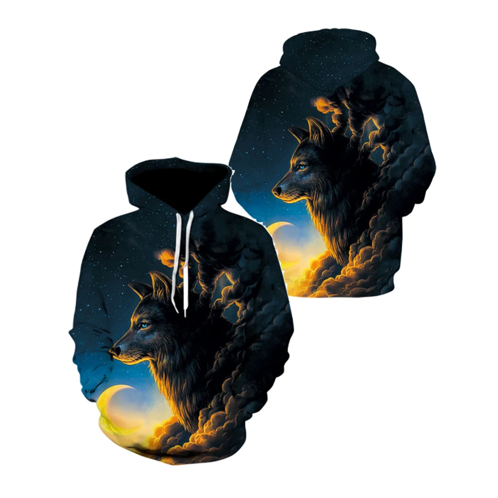 

USA Size Men's Funny 3D Hoodie Wolf Looking Out From The Clouds Print Outdoor Animal Hunting Fashion Pullover Streetwear