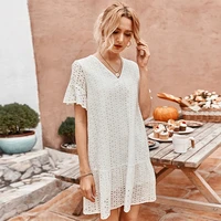 summer ladies lace hollow out dress women 2021 new elegant fashion v neck solid knee length dress casual boho a line dress