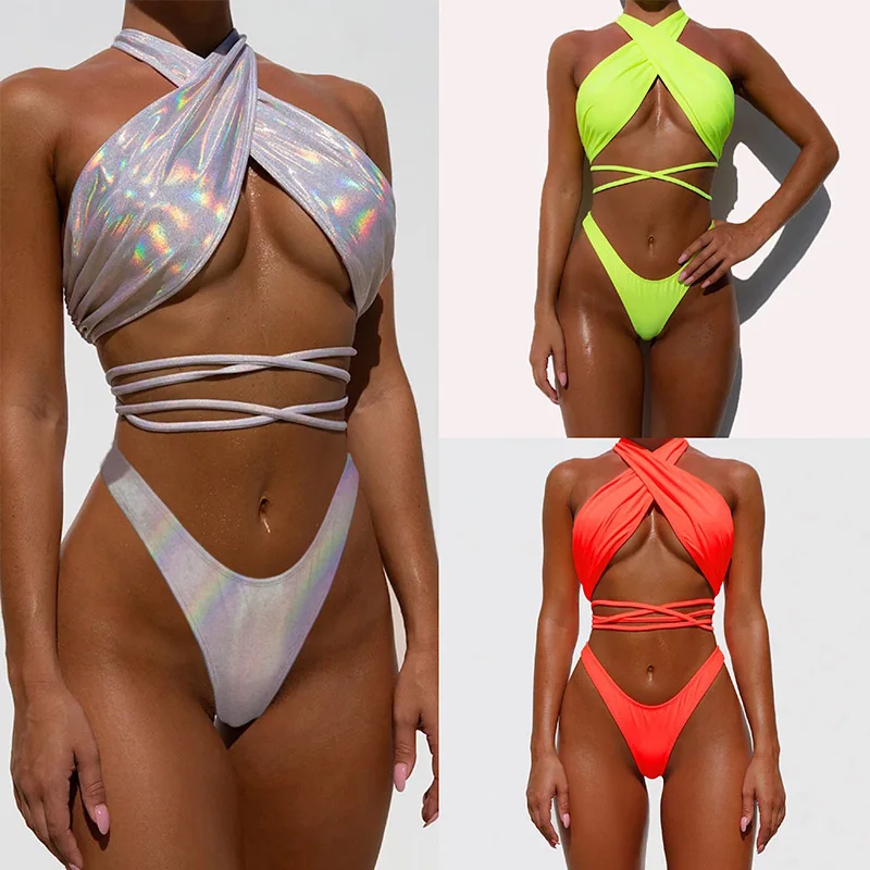 Nancy Tino Bikini Set 2021 New Sexy Bandage Color Bright Bikini Ladies Polyester Beach Hot Spring Swimsuit