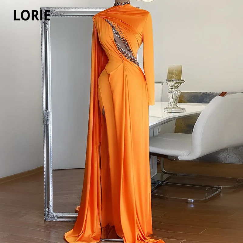 

LORIE Arabic Evening Dresses High Neck Beaded Long Sleeve Side Split Orange Mermaid Prom Gown Dubai Formal Party Dress 2021