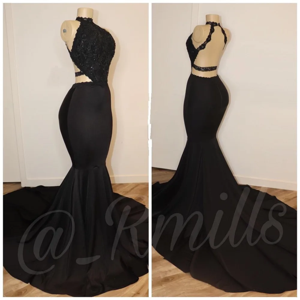 

Vestidos De Gala 2019 Sexy Backless Long Mermaid Prom Dresses Elegant High Neck Lace Appliques Open Bavk Evening Party Dresses