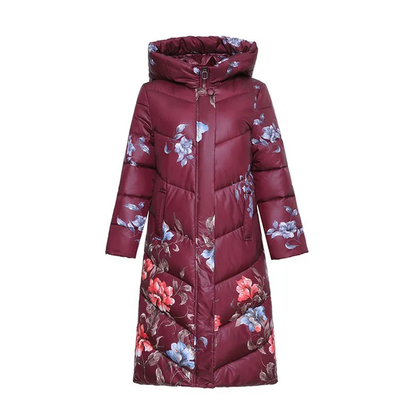 2021 New Winter Fashion Long Middle-aged elderly thick cotton clothing Women Loose Warm Jackets Ladies Printed Hooded Overcoats