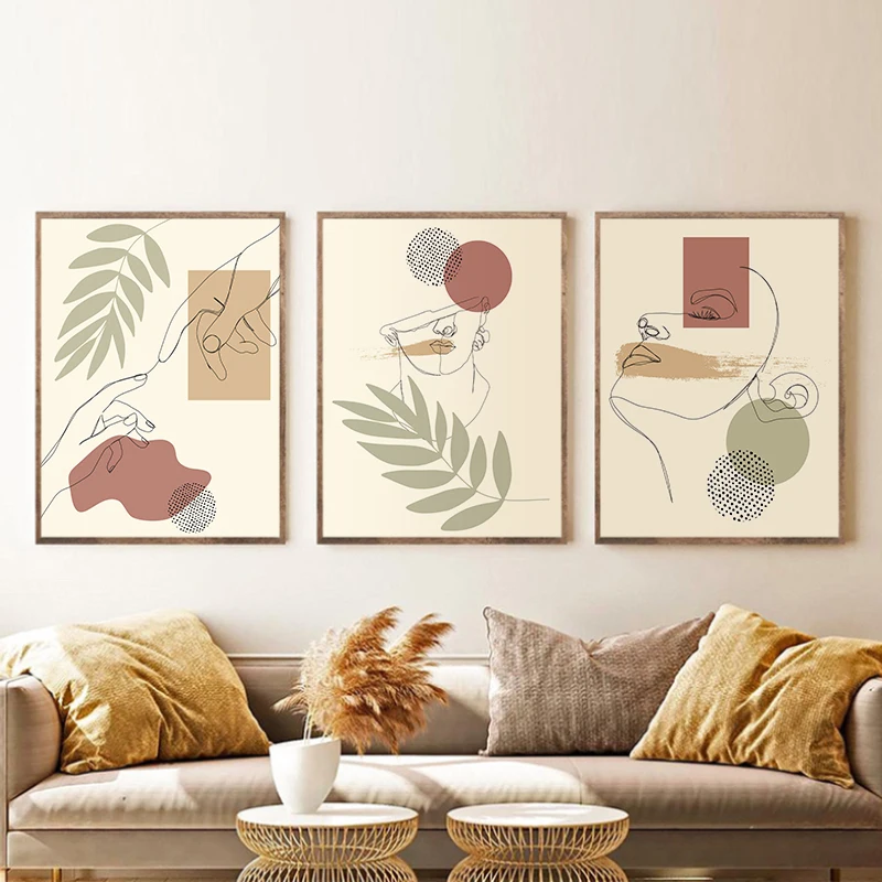 

Scandinavian Abstract Figure Canvas Painting Leaves Poster Print Nordic Minimalist Female Picture For Wall Art Home Decoration