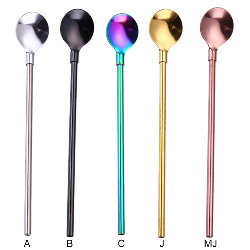 Stainless Steel Friendly Drinking Straw Spoon With Long Handle Milk Tea Spoon Kitchen Tableware Colorful Straw