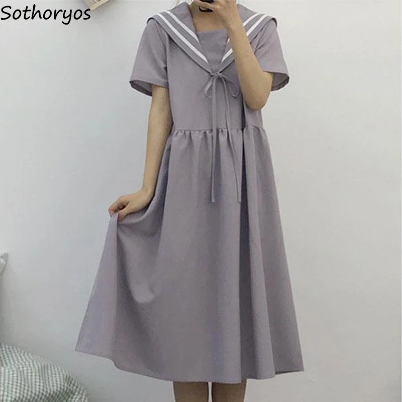 

Женское платье с коротким рукавом бант в стиле преппи матросский воротник летние свободные лоскутные модные студенческие миди-платья Повс...