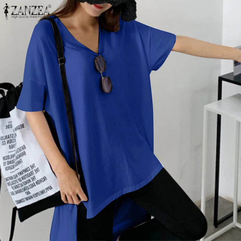 

2021 Summer High Low Pullover Womens Fashion Irregular Tunic Tops ZANZEA Solid V Neck Blusa Casual Loose Soft Blouses