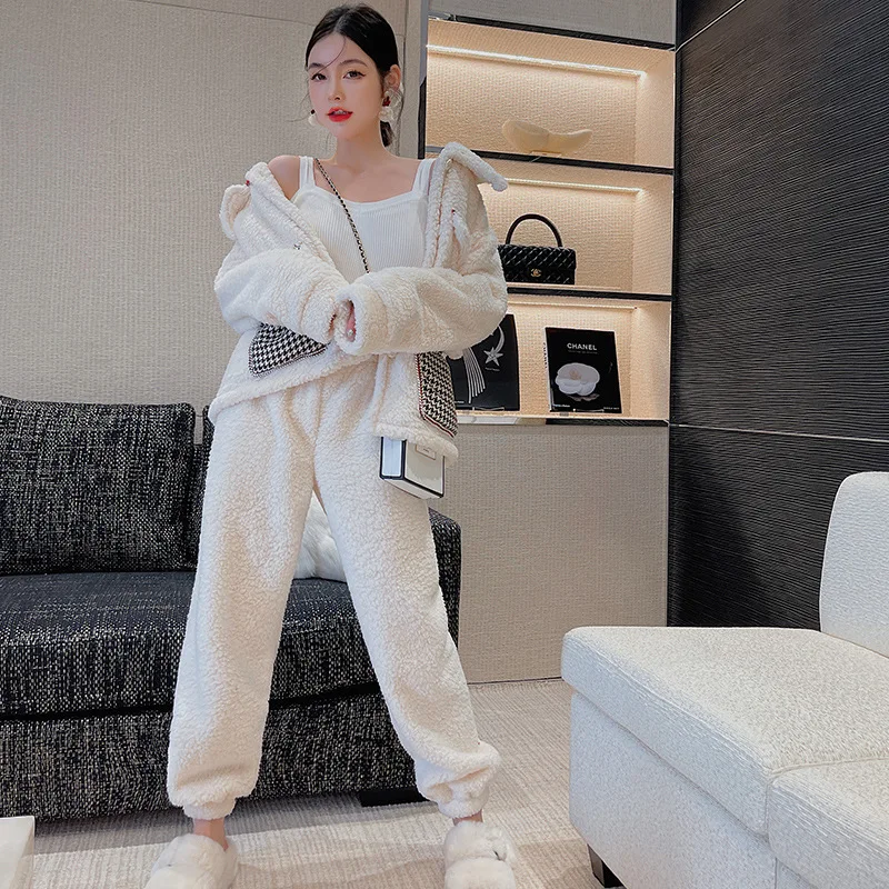 Women Nightwear Pajama Set Cute Korean Pajamas Plush Turn Down Collar 2 Piece Pajama Set Women Thick Button Up Pajama Set