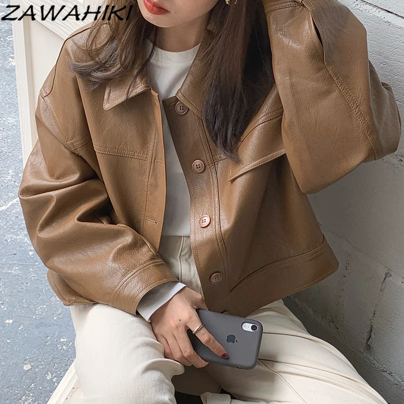 

Осенняя верхняя одежда zawхиты с отложным воротником, однотонное Свободное пальто с одной грудью, модная повседневная кожаная короткая курт...