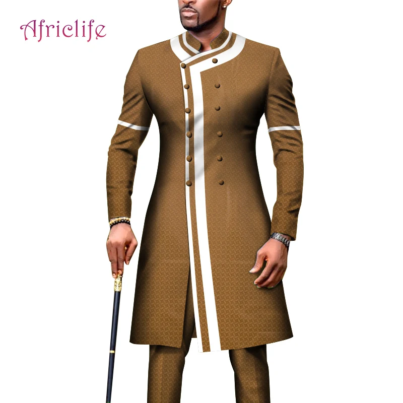 Men's Suit African Clothing Dashiki Long Slim Jackets and Pants Double Breasted Fit Formal Outfits for Wedding WYN1334