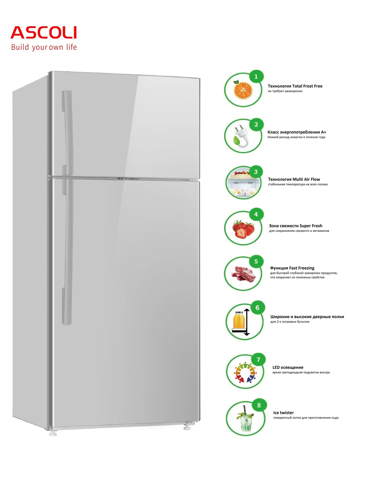 Холодильник с верхней морозильной камерой Full No Frost ASCOLI ADFRS510W | Бытовая техника