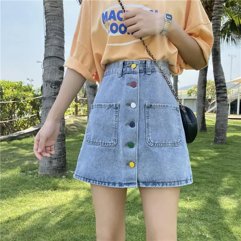 

2021 summer new simple skirt fashion casual versatile show thin color single breasted student denim skirt