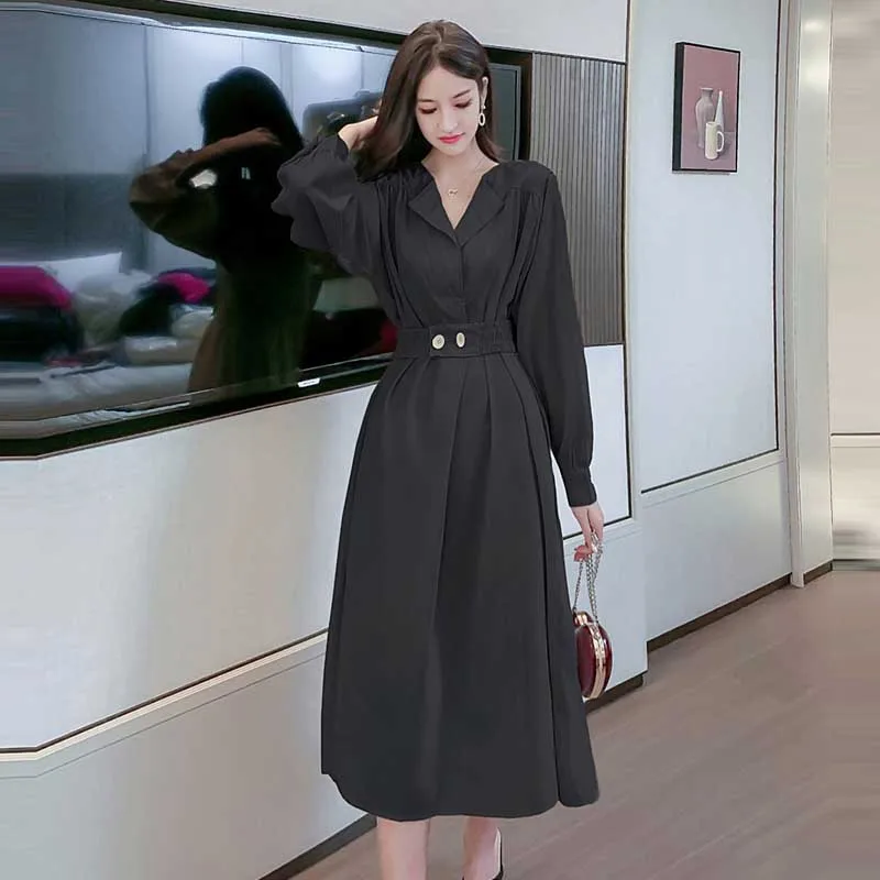 Nuevo 2021 primavera y otoño de las mujeres Slim Vestido de manga larga Vintage camisa elegante Oficina vestidos de una pieza de moda coreana vestido
