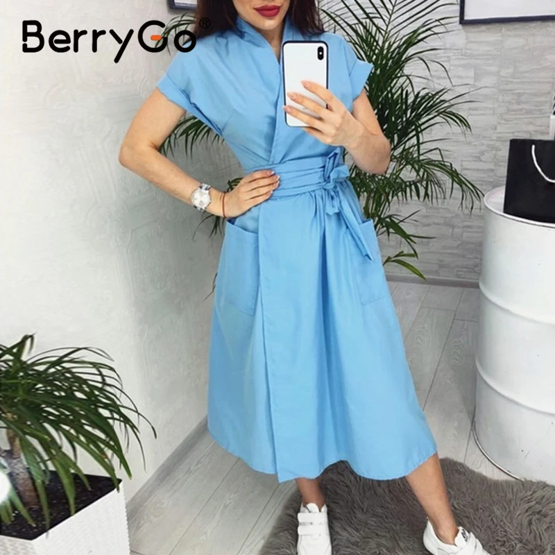 Женское Повседневное платье с поясом BerryGo офисное трапециевидной формы коротким