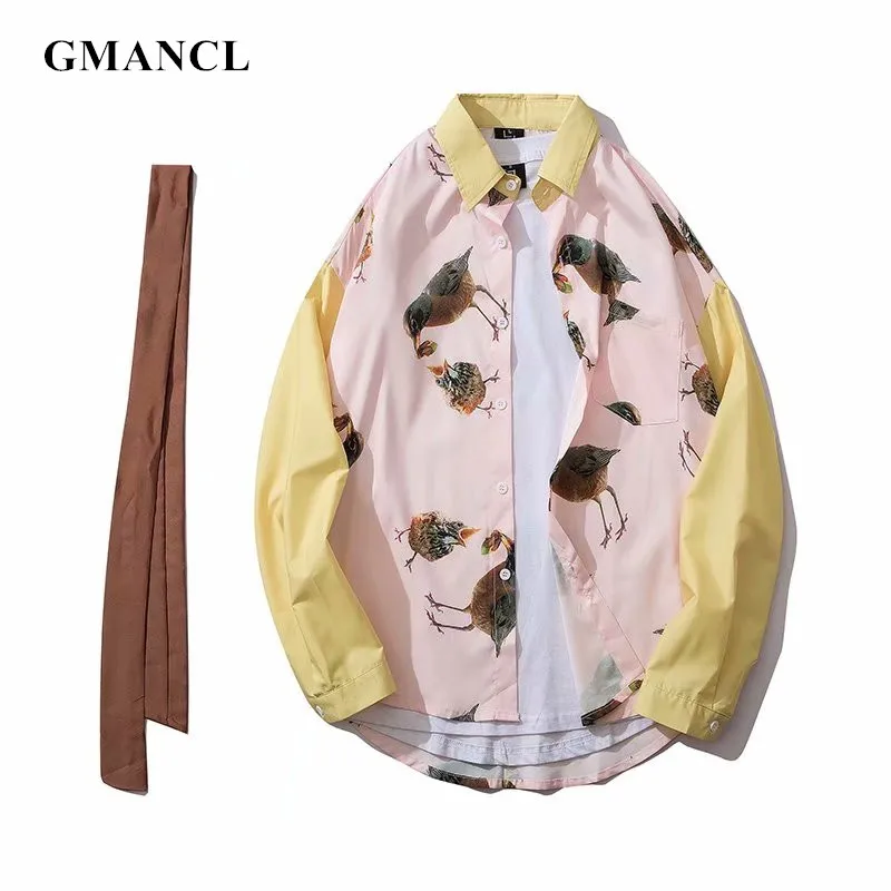 Рубашка мужская оверсайз с длинным рукавом и принтом птиц|Повседневные рубашки| |