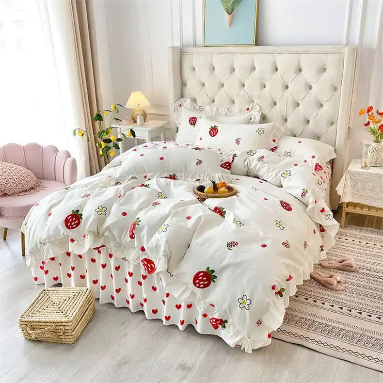 Комплект постельного белья из хлопка с изображением клубники в стиле принцессы