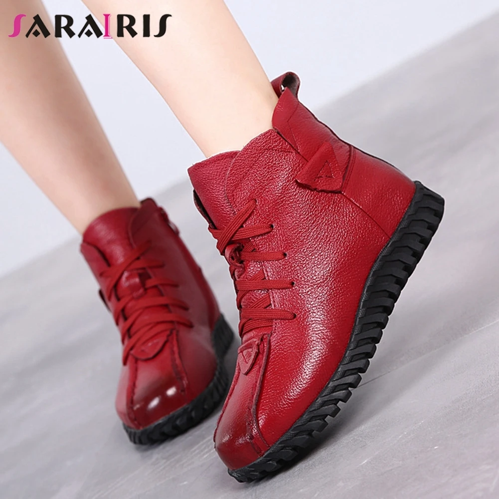

Sarairis New Female Winter Warm Wool Boots Genuine Leather Snow Boots Women Round Toe Cross Tied Flat With Shoes Woman