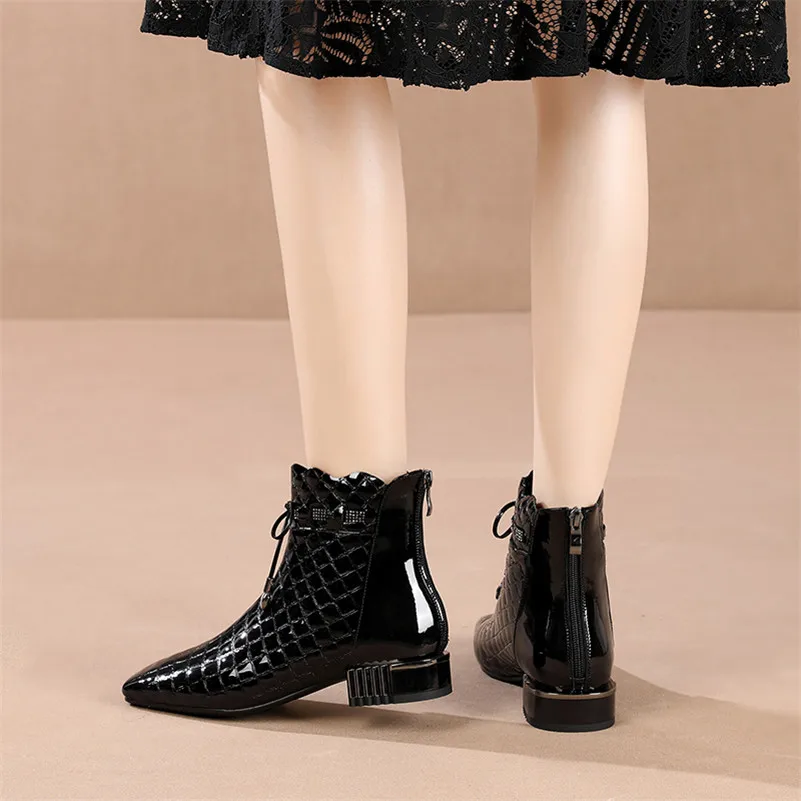 

Meotina Crystal Real Leather Mid Heel Ankle Boots Women Shoes Square Toe Thick Heels Lace Up Zip Short Boots Lady Autumn Winter