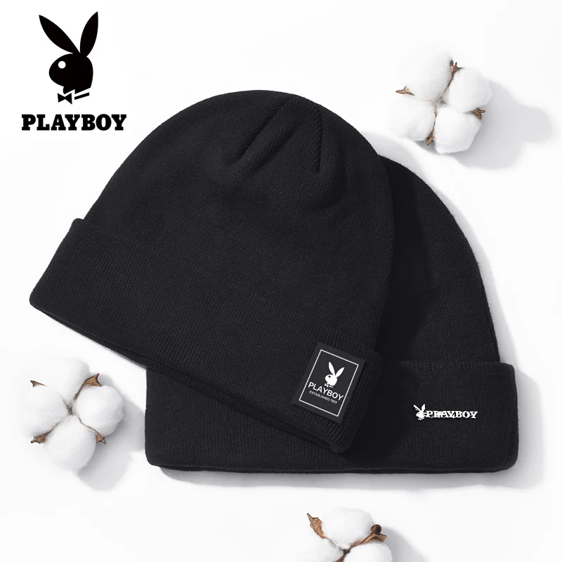 

Playboy knitted wool hat men's fashion fad brand plus plus thick women's autumn and winter cotton hat to keep warm neck.