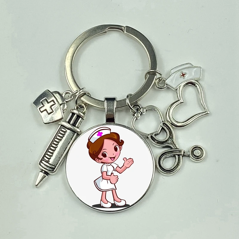 

High / New Quality 1 Piece Nurse Medical Syringe Image Keychain Glass Cabochon and Glass Dome Key Ring Pendant Gift