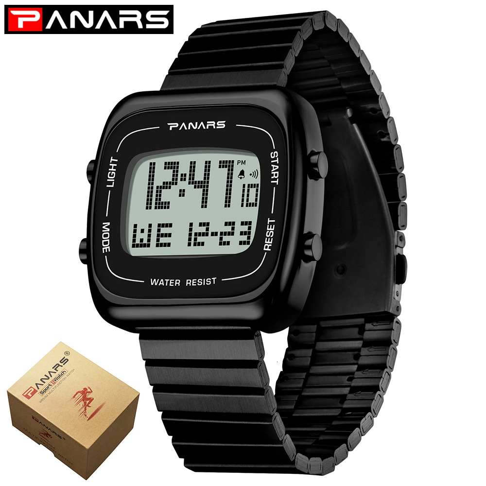 Black with box PANARS квадратные часы из нержавеющей стали мужские цифровые водонепроницаемые часы для мужчин спортивные электронные наручные часы подарки светящиеся - Цвет: Black with box