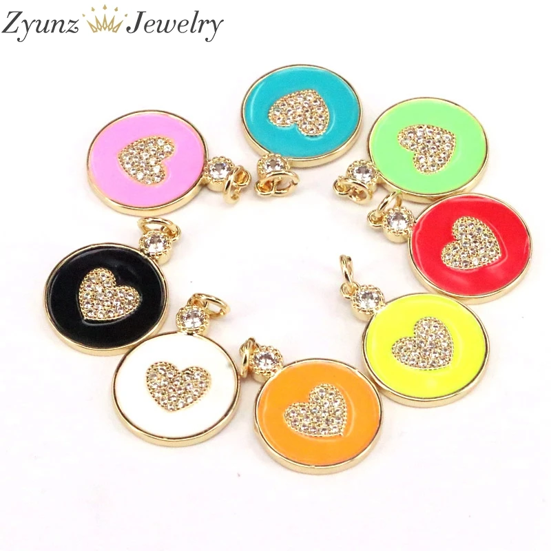 10 шт. эмалированные Разноцветные Подвески в форме сердца на круглой монете